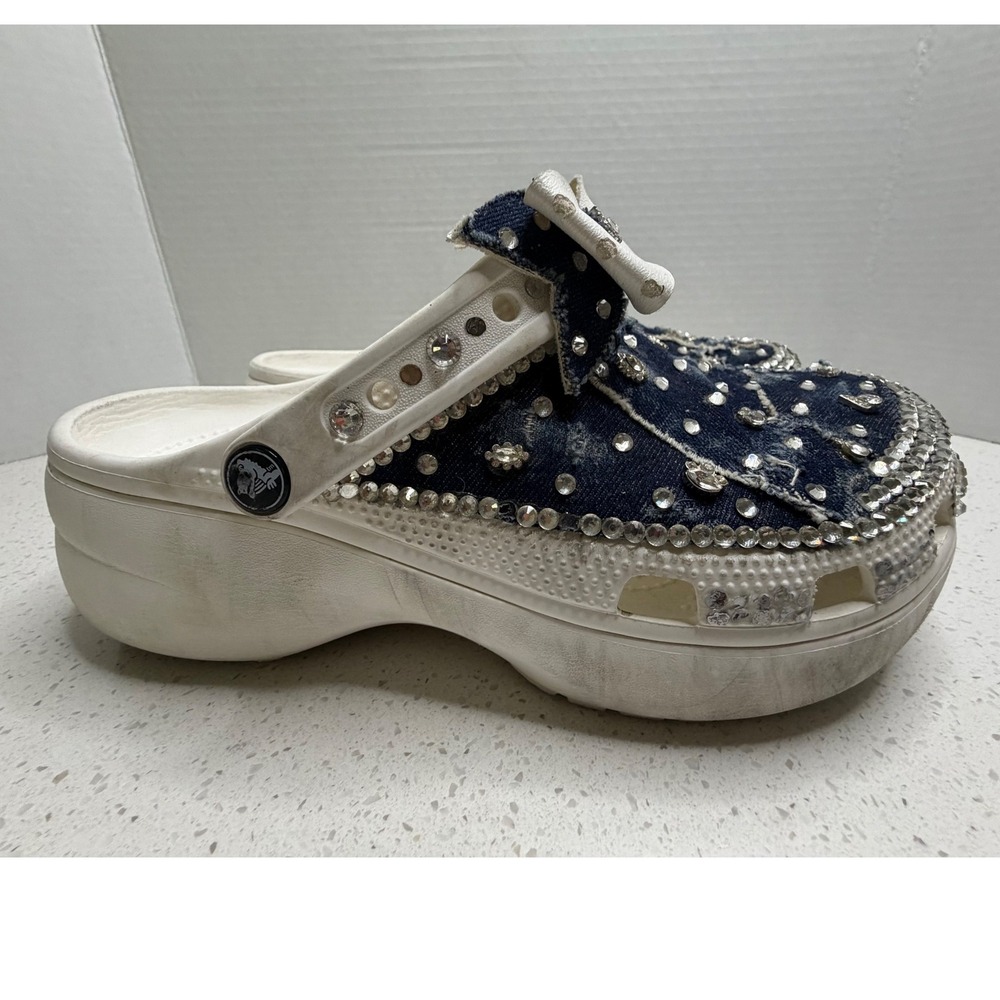Crocs Classic Bae Platform Clogs White Denim Rhinestone Custom Womens 10